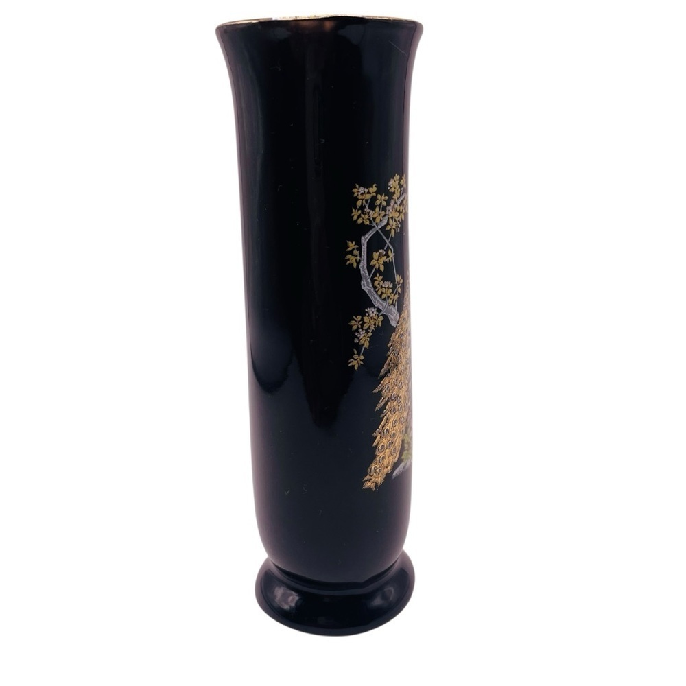 Vintage Otagiri Japan Peacock Crown Iris Black Gold Ceramic Bud Vase 6.5 In - Picture 3 of 13